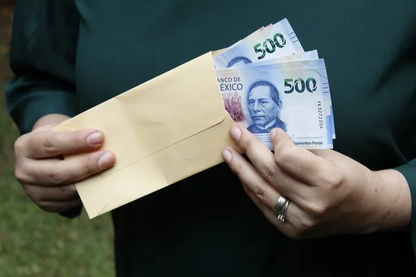 Meksikalıların parasını kağıt zarfta saklayan bir kadının eli.