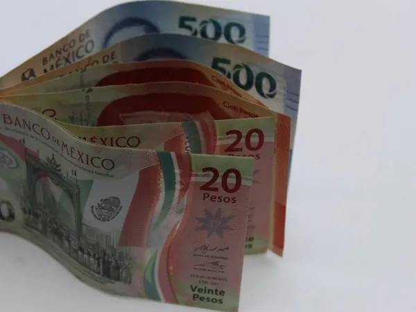 不同面额的墨西哥钞票一排排在一起 — 图库照片