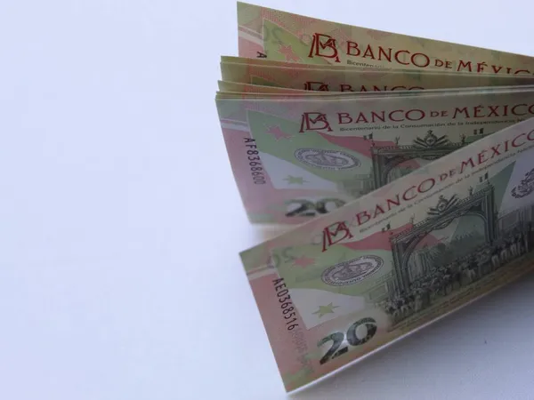 Banconote Messicane Venti Pesos Fila Vista Dall Alto — Foto Stock