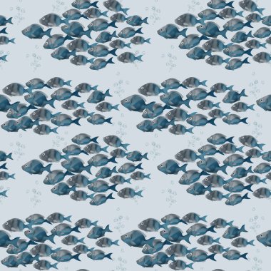 Gri ve mavi renkli grup balığı çizimleriyle kusursuz dijital desen
