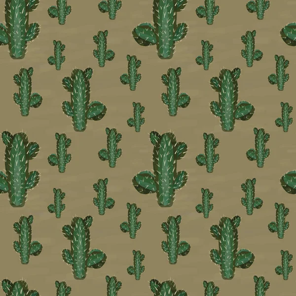 Digitální Bezešvý Vzor Kresbami Kaktusových Rostlin Zelené Barvě Hnědém Pozadí — Stock fotografie