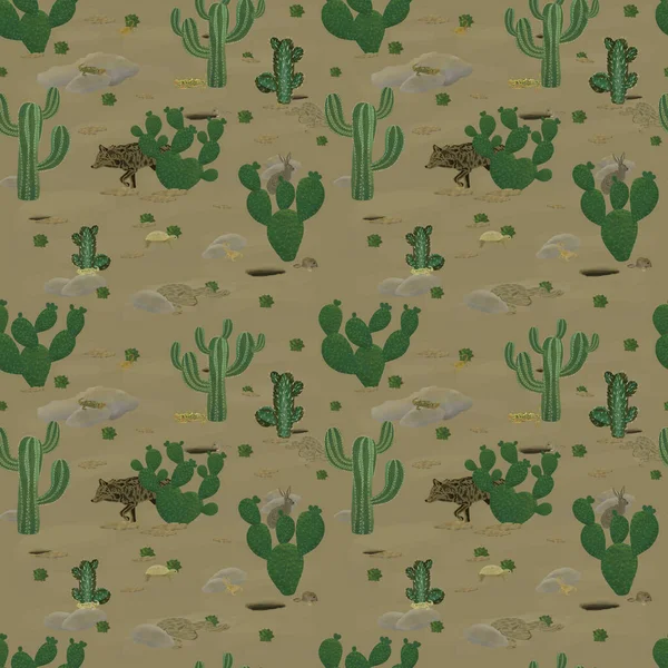 Цифровой Бесшовный Рисунок Рисунками Пустынных Растений Животных Зеленых Коричневых Цветах — стоковое фото