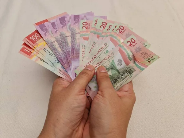 Les Mains Une Femme Tenant Des Billets Mexicains Différentes Coupures — Photo