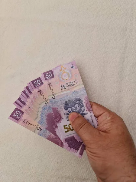 Hand Hält Mexikanische Banknoten Fünfzig Pesos — Stockfoto