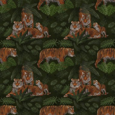 Kahverengi kaplanların ve tropikal bitki örtüsünün kusursuz deseni