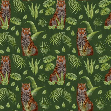 Kahverengi kaplanların ve tropikal bitki örtüsünün kusursuz deseni