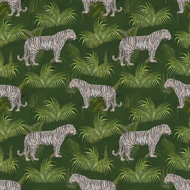 Beyaz kaplanların ve tropikal bitki örtüsünün kusursuz deseni