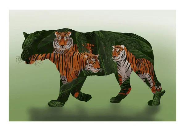 Cyfrowa Ilustracja Brązowymi Tygrysami Roślinnością Wewnątrz Sylwetki — Zdjęcie stockowe