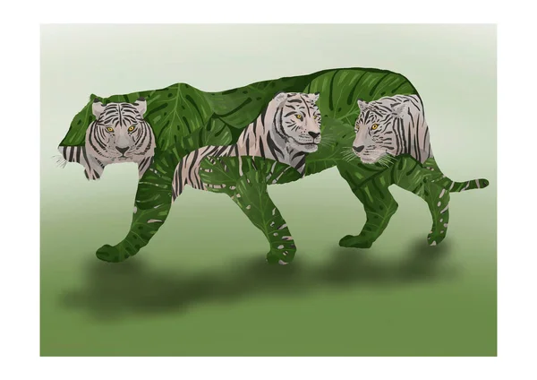 Ilustração Digital Com Tigres Brancos Vegetação Dentro Uma Silhueta — Fotografia de Stock
