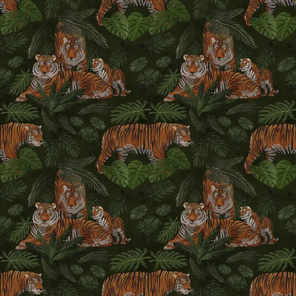 Бесшовный Рисунок Коричневых Тигров Тропической Растительности — стоковое фото