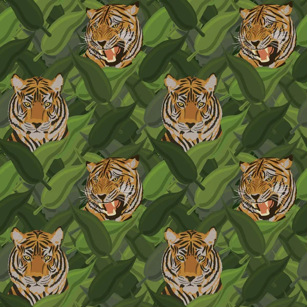 Бесшовный Рисунок Коричневых Тигров Головы Зеленые Листья — стоковое фото