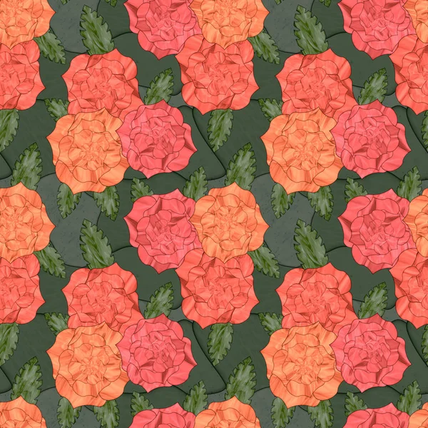 Naadloos Patroon Van Oranje Roos Bloemen Glas Lood Stijl — Stockfoto