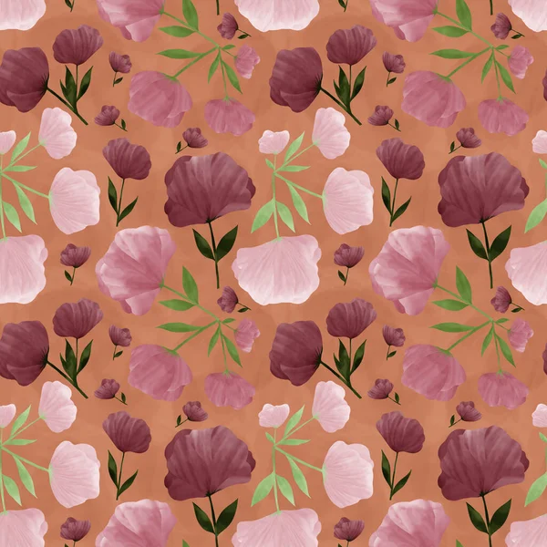 Digitalt Sömlöst Mönster Med Rosa Blommor Och Akvarell Konsistens — Stockfoto