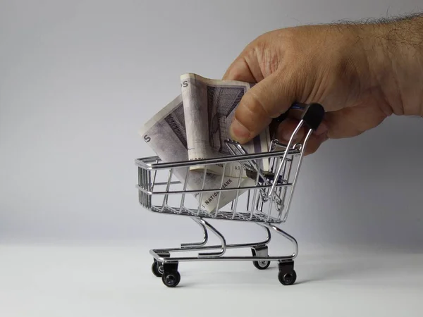 Hand Man Putting Danish Banknotes Shopping Cart — Stock Photo, Image