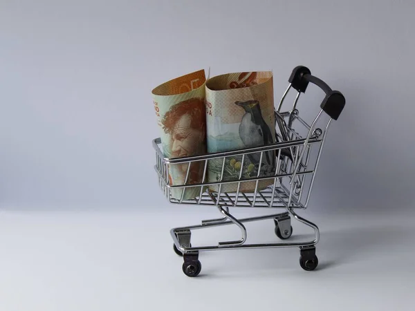 New Zealand Banknotes Shopping Cart White Background — Stock Photo, Image