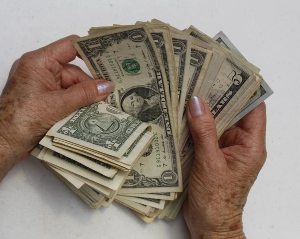 Hands Older Woman Holding Counting American Dollars Banknotes — 스톡 사진