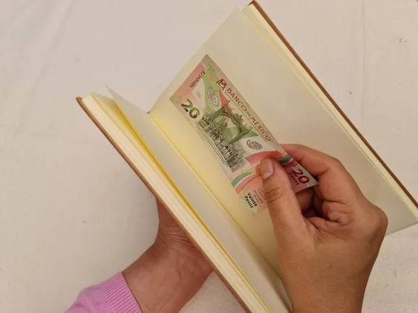Hand Ung Kvinna Att Sätta Mexikanska Pengar Bok — Stockfoto