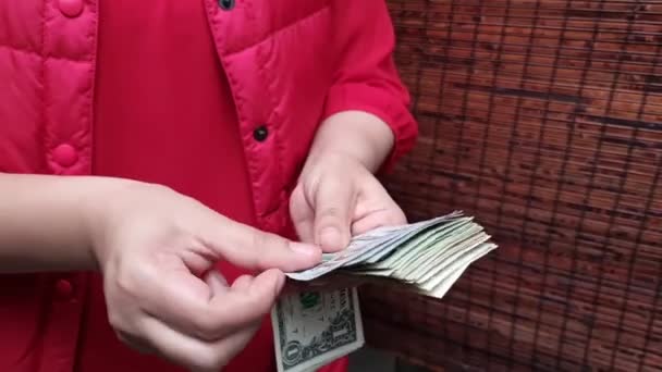 Hands Woman Holding Counting American Dollars Banknotes — стоковое видео