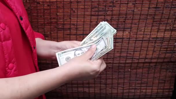 Hands Woman Holding Counting American Dollars Banknotes — Stockvideo