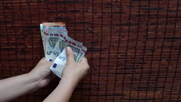 Hands Woman Holding Counting European Banknotes — стоковое видео