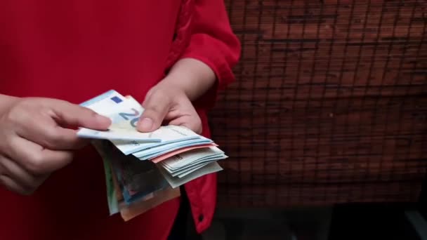Hands Woman Holding Counting European Banknotes — стоковое видео