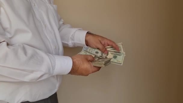 Руки Человека Держащего Считающего Американские Банкноты — стоковое видео