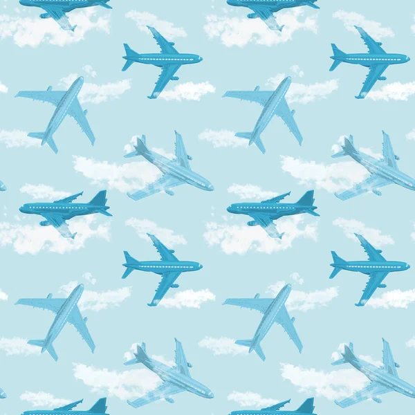 digital seamless pattern with drawings of airplanes in blue color between clouds