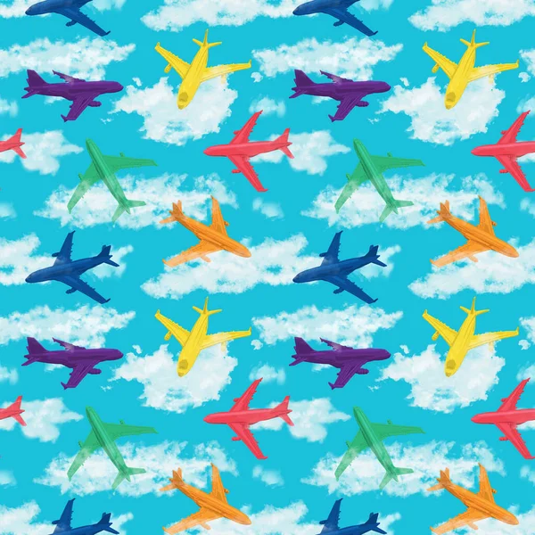 Digital Seamless Pattern Airplanes Variety Colors Clouds — Stock Photo, Image