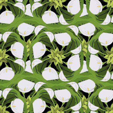 seamless pattern with drawings of white gannet flowers and green background