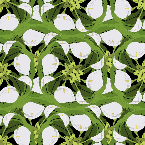 Seamless Pattern Drawings White Gannet Flowers Green Background — Stock fotografie
