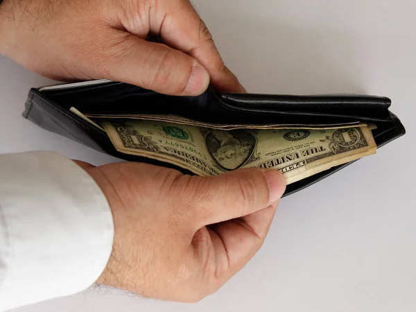 Hands Man Holding American Bills Black Leather Wallet — Stock fotografie