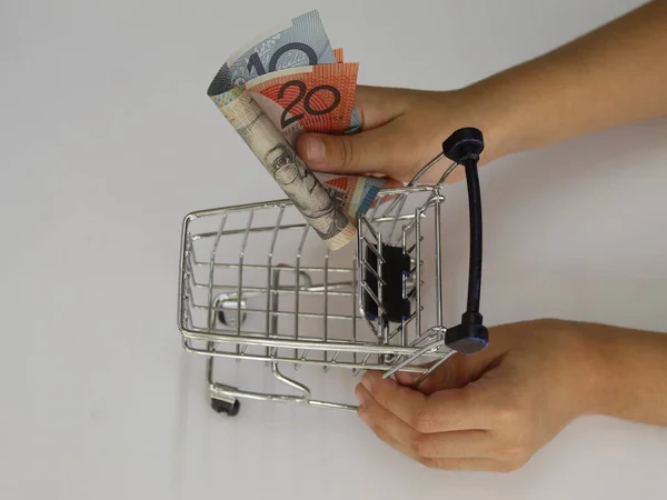 Hands Young Woman Holding Australian Banknotes Shopping Cart — Stockfoto
