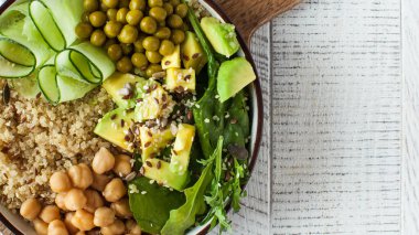 Buddha kâsesinden sağlıklı sebze tabağı, kinoa, avokado ve nohut. Boşluğu kopyala.