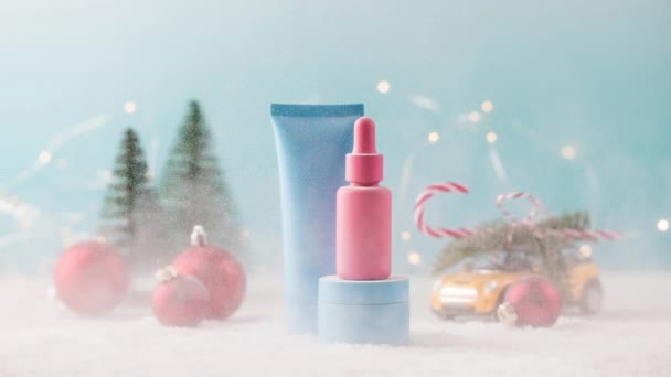 Stop-motion mock-up of jars of cosmetic products on a Christmas background. — Stockvideo