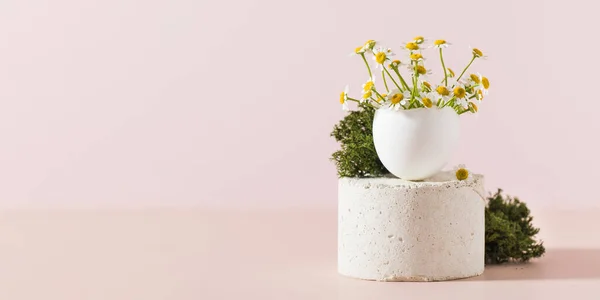 春とイースターのコンセプト、明るいピンクの背景に表彰台に卵殻デイジーの花束。美術 — ストック写真
