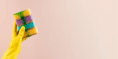 Sarı kauçuk eldivenli bir el, hangi jöle tabakların rengarenk süngerlerini tutar. Boşluğu kopyala