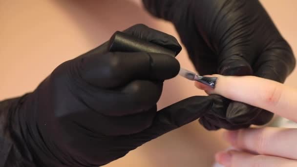 Manikyr process i en skönhetssalong. manikyristen målar nageln med lack. — Stockvideo