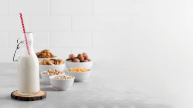 Arka planda fındıklı, yulaf gevrekli bir şişe sebze sütü. Süt çeşitliliği kavramı.