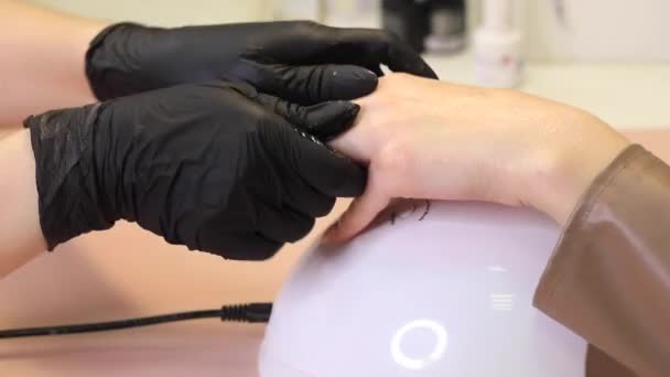 Manicuristen gör en massage efter applicering av krämen på klientens händer. — Stockvideo