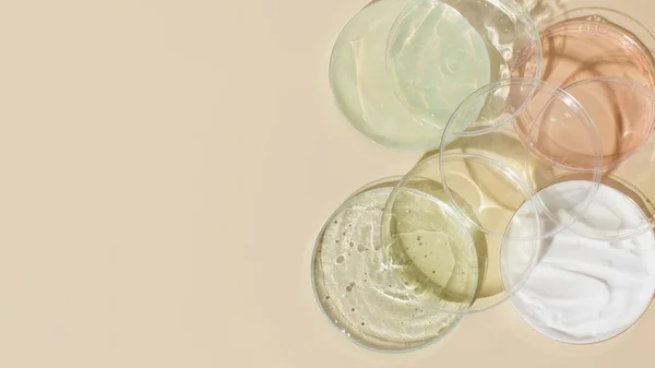 Farklı cilt ürünleri ve yukarıdan bej arka plan görünümlü boş Petri kabı. Dekoratif ve tıbbi kozmetik ilaçlar. Deri ve vücut bakımı
