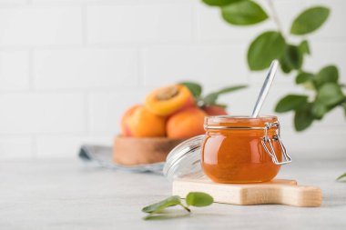 İçinde kaşık olan bir kavanoz kayısı reçeli, ahşap bir tabakta olgun kayısılar ve açık arkaplanda yeşil yapraklı bir dal. Kış için hazırlıklar, meyve koruma. Boşluğu kopyala