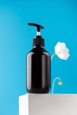 Üzerinde kozmetik ürünler olan kahverengi bir şeker kutusunun bir kopyası. Mavi arka planda, narin çiçekli bir podyumda logon için yer var. Sıfır. Doğal Kozmetik.