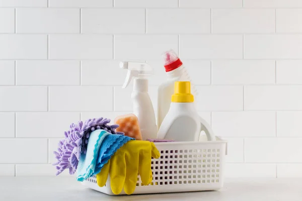 Cleaning Products Cleaning Disinfection Home Basket Light Background Concept Cleaner — Stock Photo, Image