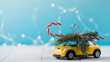 Köknar dallı oyuncak araba ve mavi arka planda lolipop. Boşluğu kopyala