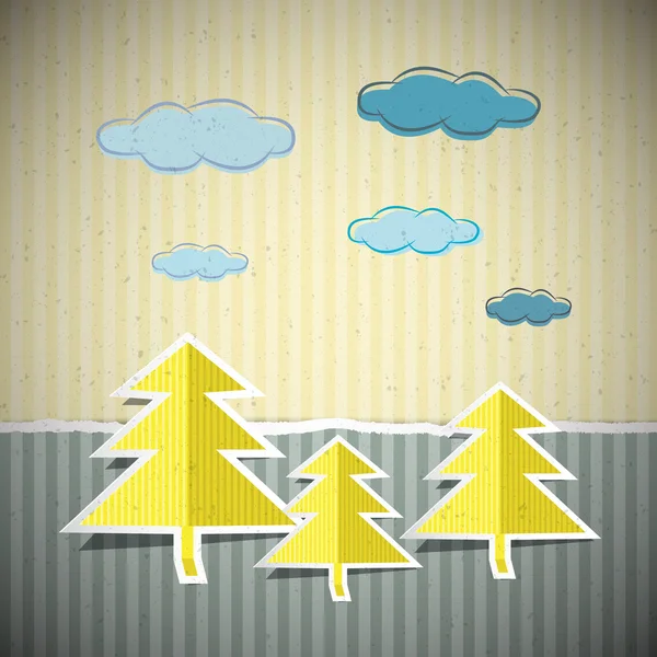 Papier aard kartonnen achtergrond met bomen en wolken — Stockvector