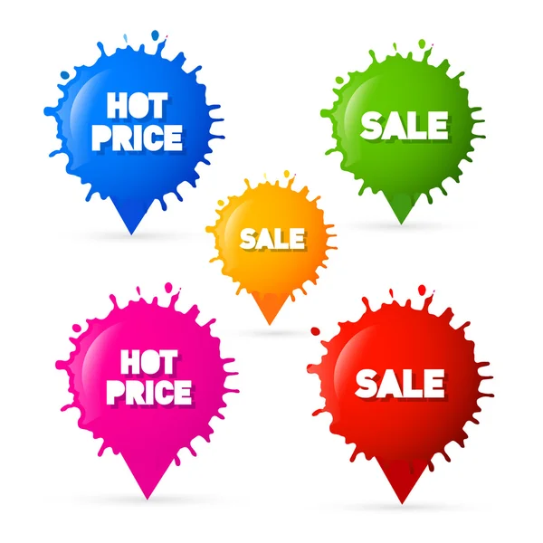 Vente vectorielle colorée, Hot Price Blots, Étiquettes éclaboussures — Image vectorielle