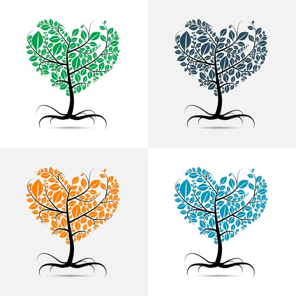 Vector heart shaped tree with roots set — Stock Vector