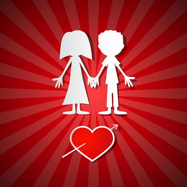 Carta di San Valentino sfondo rosso con Uomo, Donna e Cuore — Vettoriale Stock