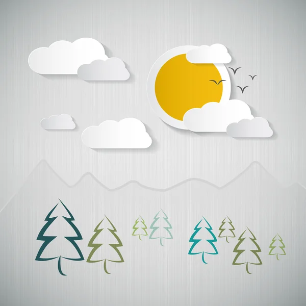 Absztrakt természet háttér papír sun, a felhők, a fák és a hegyek — Stock Vector
