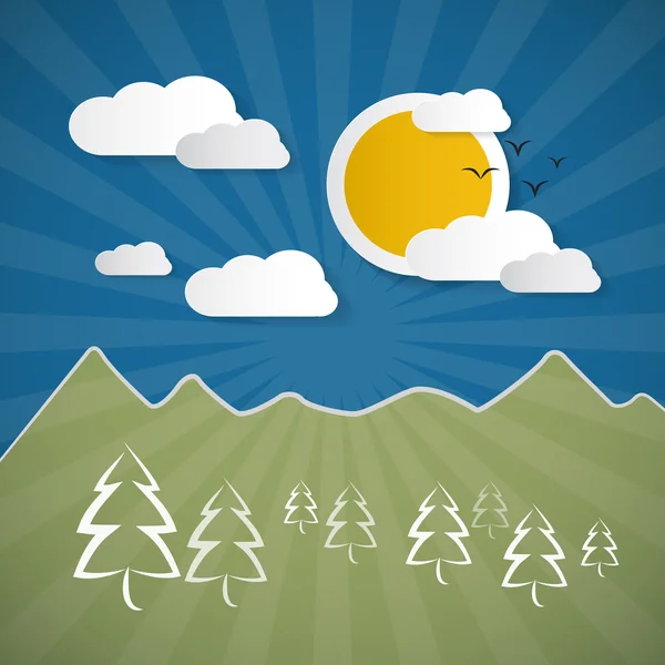 Векторный фон с бумажным небом, солнцем, холмами, деревьями — стоковый вектор